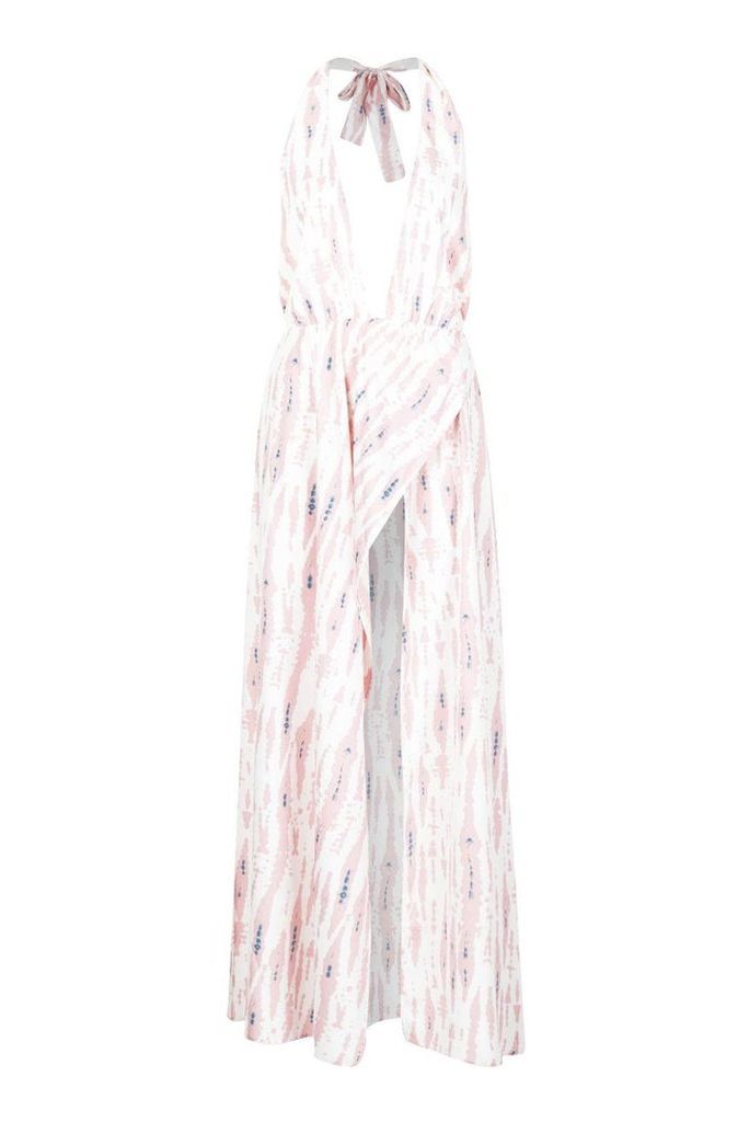Womens Petite Tie Dye Plunge Split Leg Maxi Dress - pink - 8, Pink