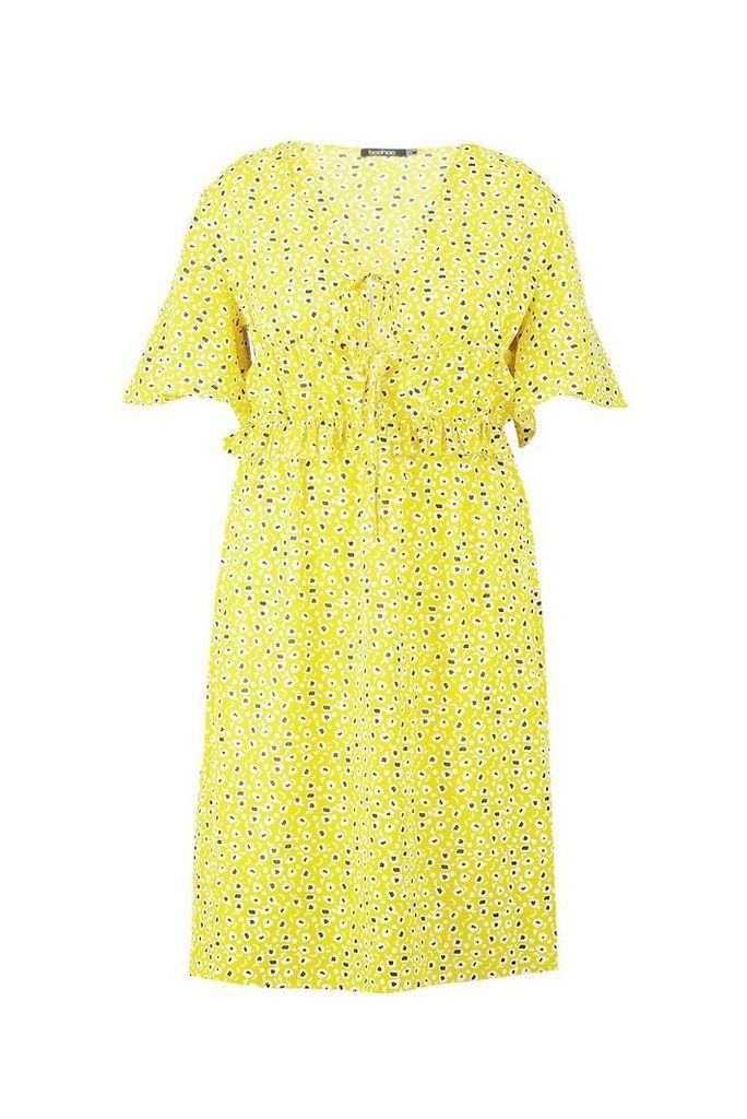 Womens Plus Floral Ruffle Midi Dress - yellow - 18, Yellow