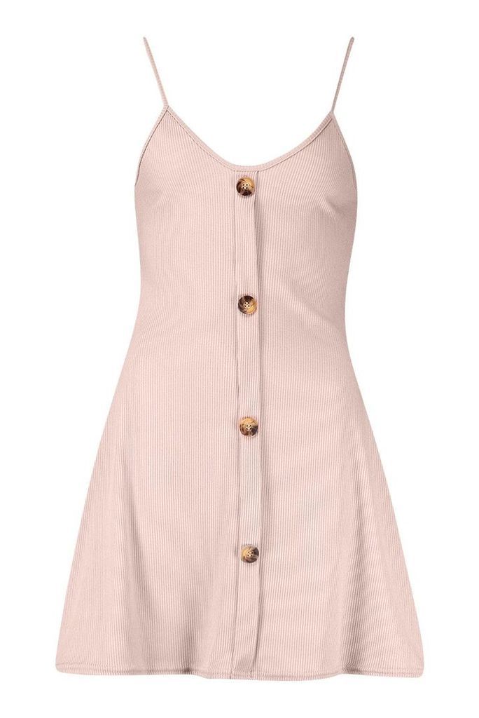 Womens Petite Ribbed Button Swing Dress - pink - 14, Pink