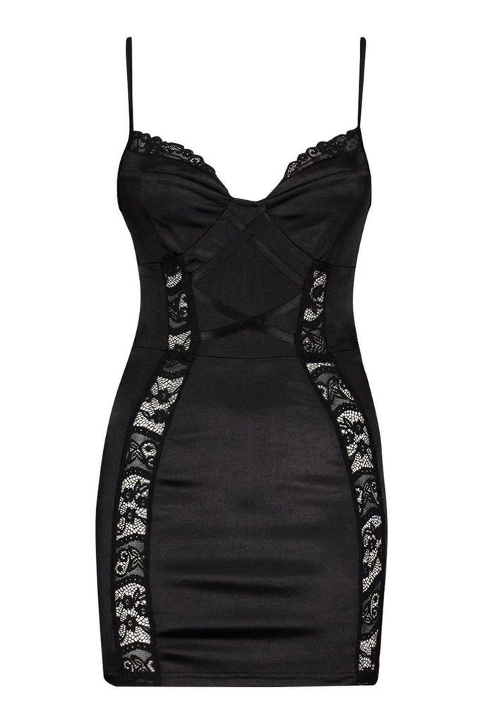 Womens Petite Lace Detail Satin Bodycon Dress - black - 12, Black