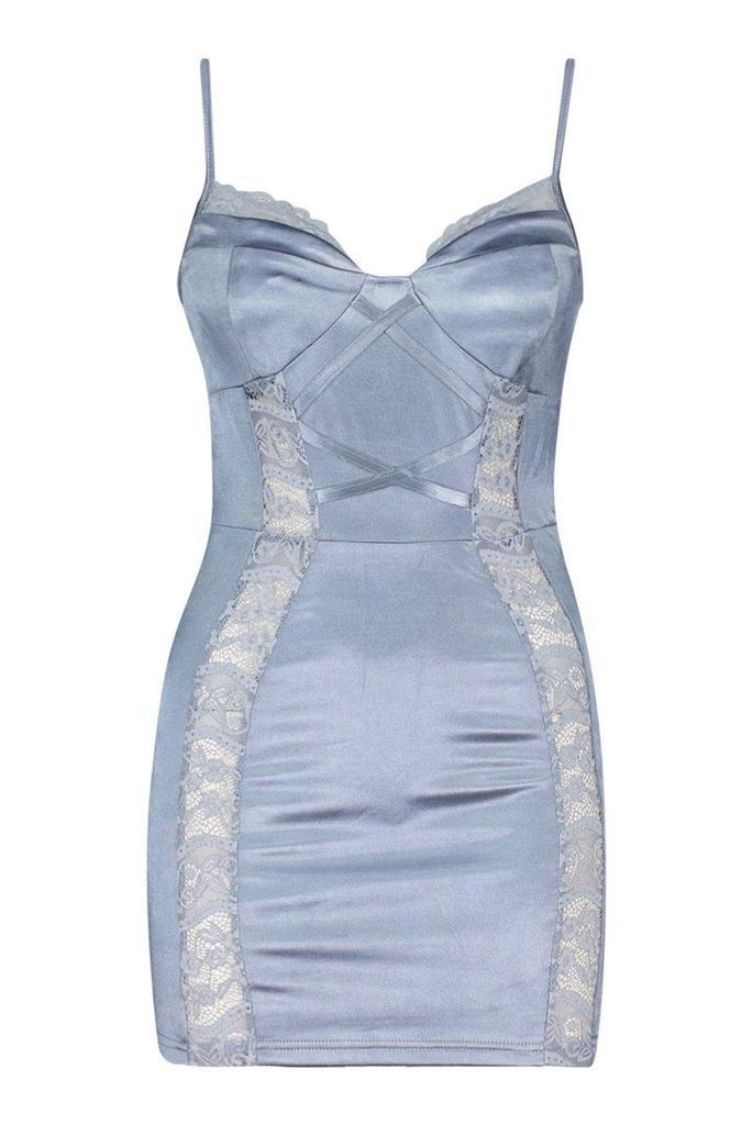 Womens Petite Lace Detail Satin Bodycon Dress - blue - 14, Blue