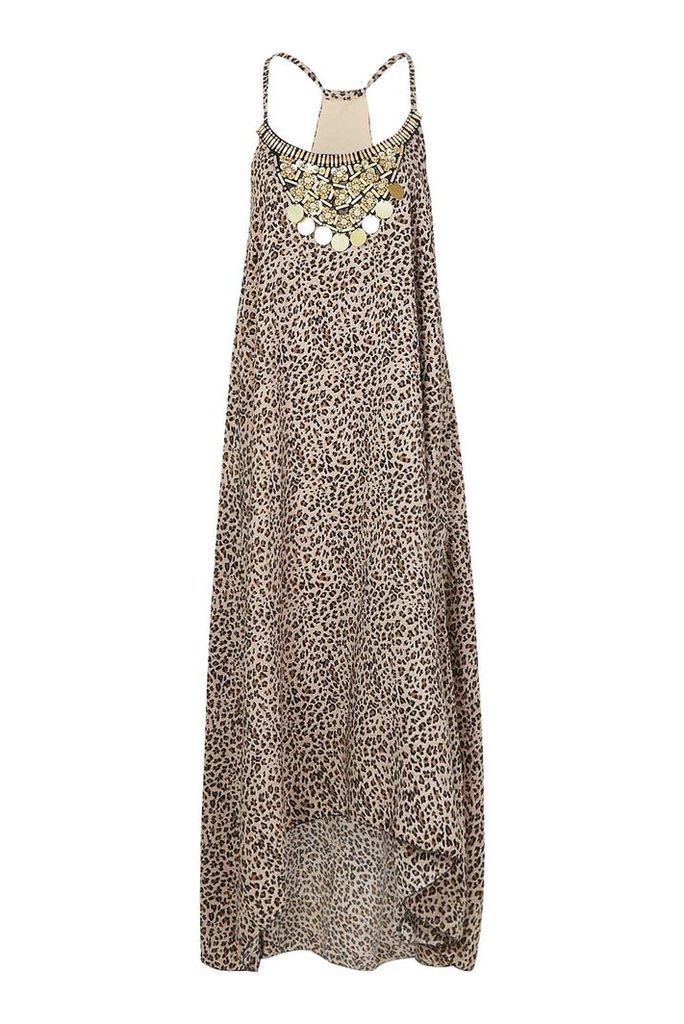 Womens Petite Leopard Print Beaded Hanky Hem Dress - brown - 6, Brown