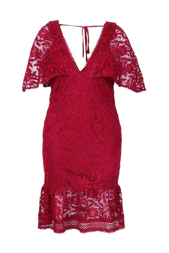 Womens Plus Lace Cape Sleeve Frill Hem Midi Dress - red - 16, Red