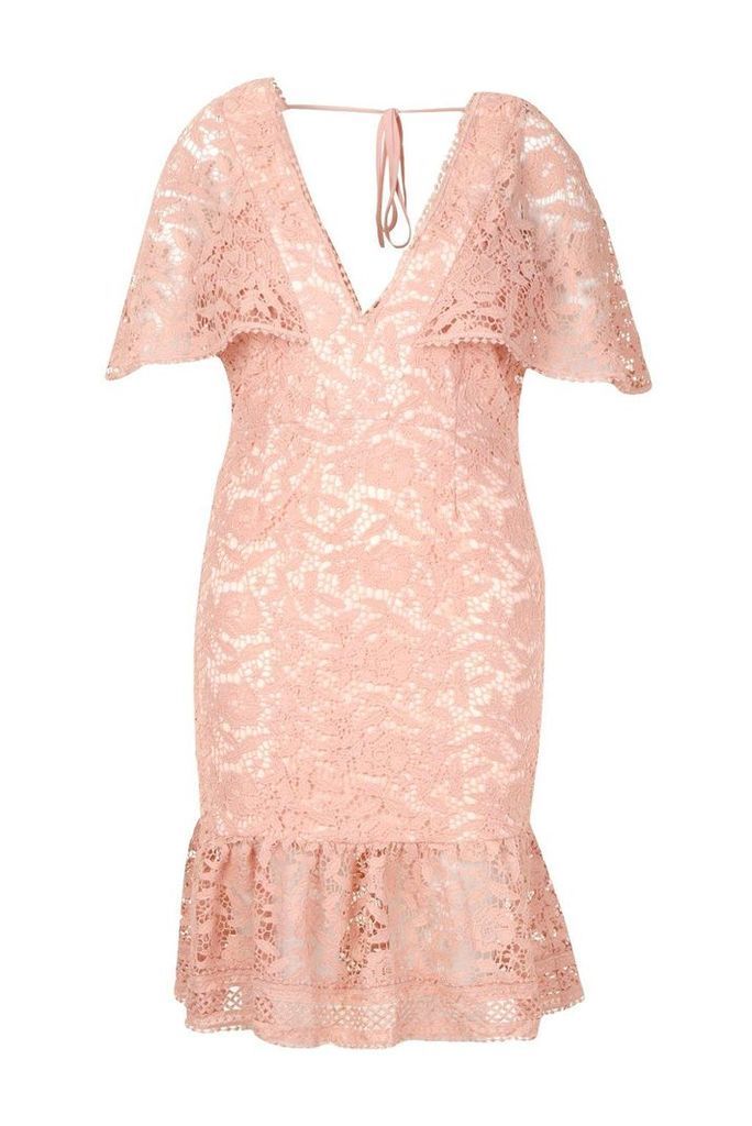 Womens Plus Lace Cape Sleeve Frill Hem Midi Dress - pink - 18, Pink