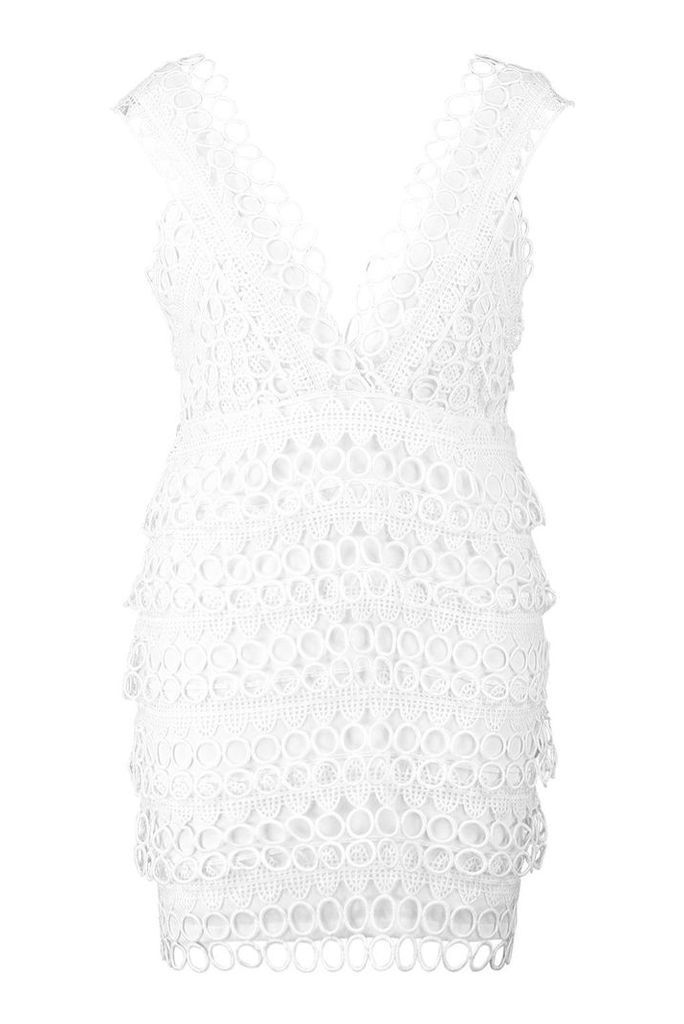 Womens Plus Lace Plunge Neck Panelled Bodycon Dress - white - 18, White