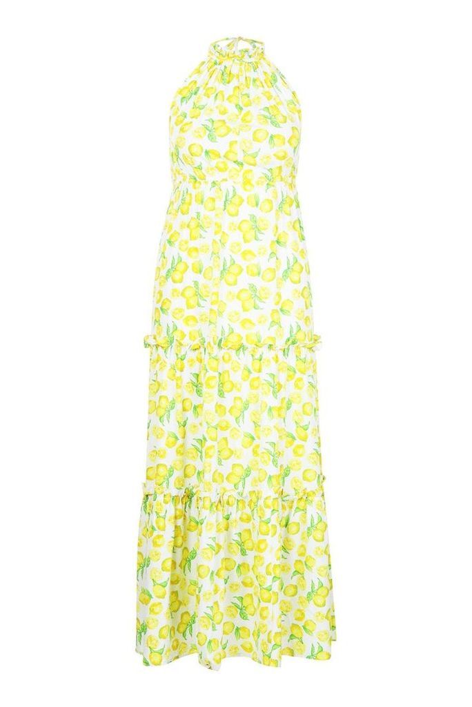 Womens Plus Lemon Printed Halter Neck Maxi Dress - yellow - 18, Yellow