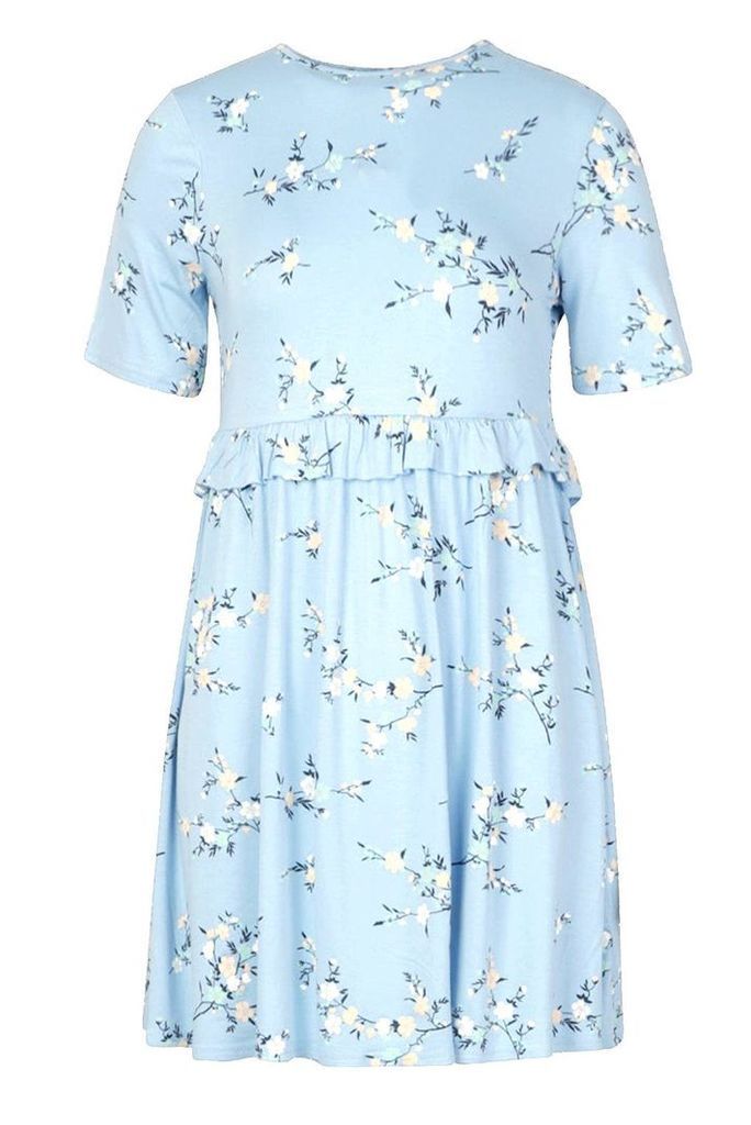 Womens Petite Ruffle Waist Floral Smock Dress - blue - 4, Blue