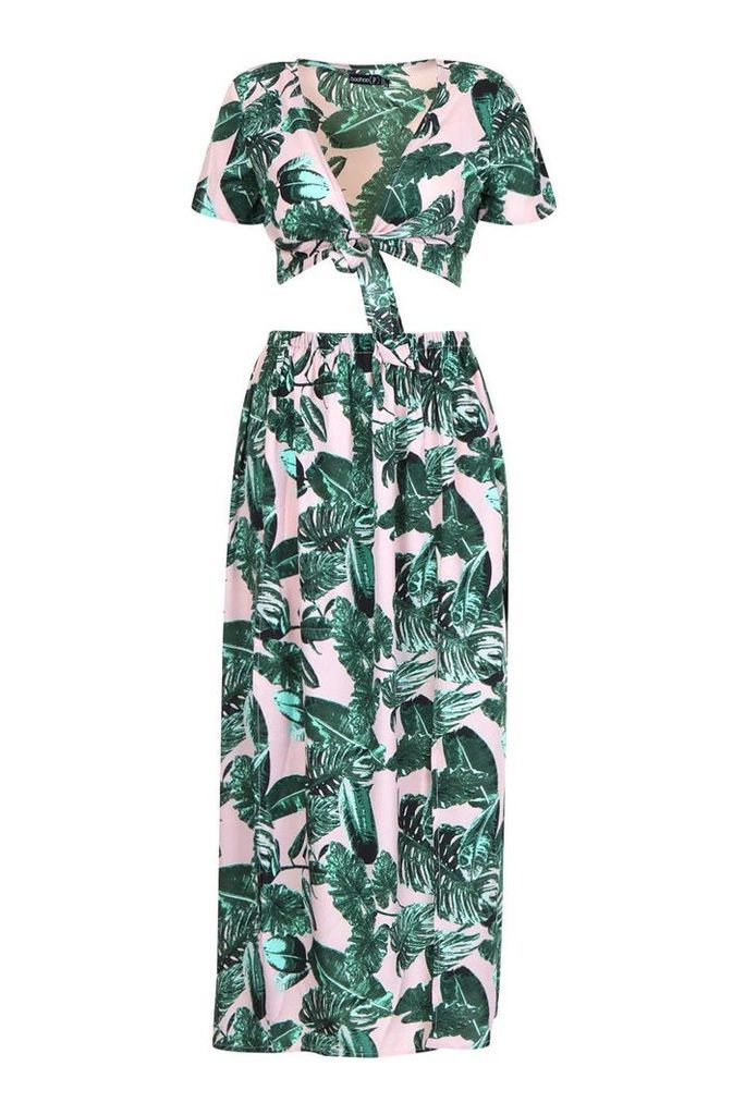 Womens Petite Palm Print Tie Front Top & Maxi Skirt Co-Ord - Pink - 10, Pink
