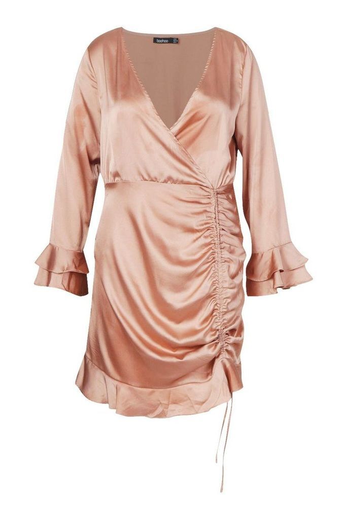 Womens Plus Satin Ruched Flare Sleeve Frill Dress - pink - 24, Pink