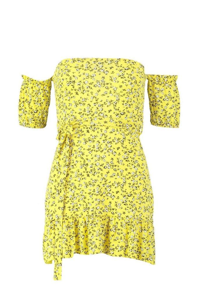 Womens Petite Off The Shoulder Ditsy Print Sun Dress - yellow - 6, Yellow