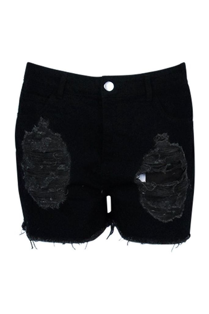 Womens Plus Extreme Distressed Turn Up Denim Shorts - black - 24, Black