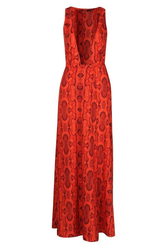 Womens Petite Snake Print Tie Wrap Maxi Dress - orange - 10, Orange