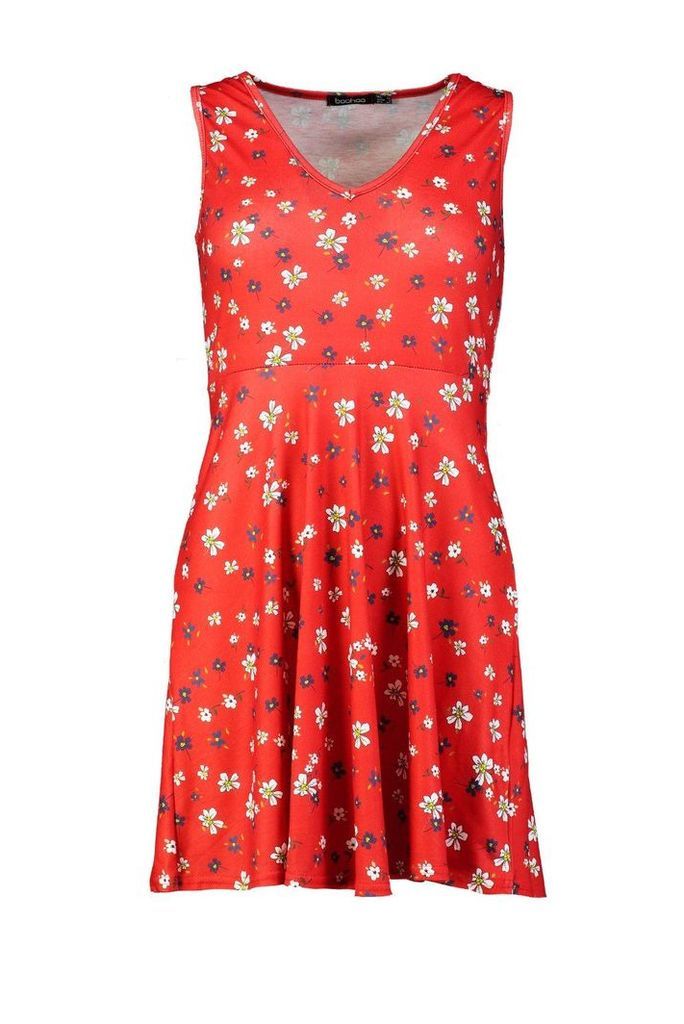 Womens Petite Ditsy Floral Strappy Skater Sun Dress - red - 8, Red