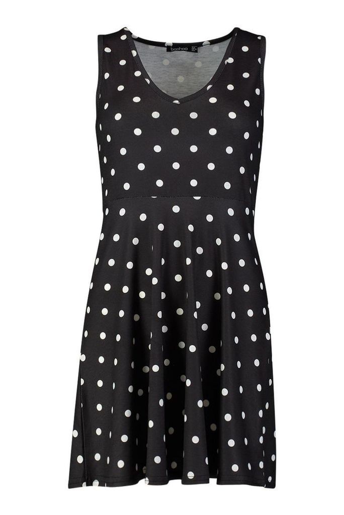 Womens Petite Polka Dot Strappy Sun Dress - black - 4, Black