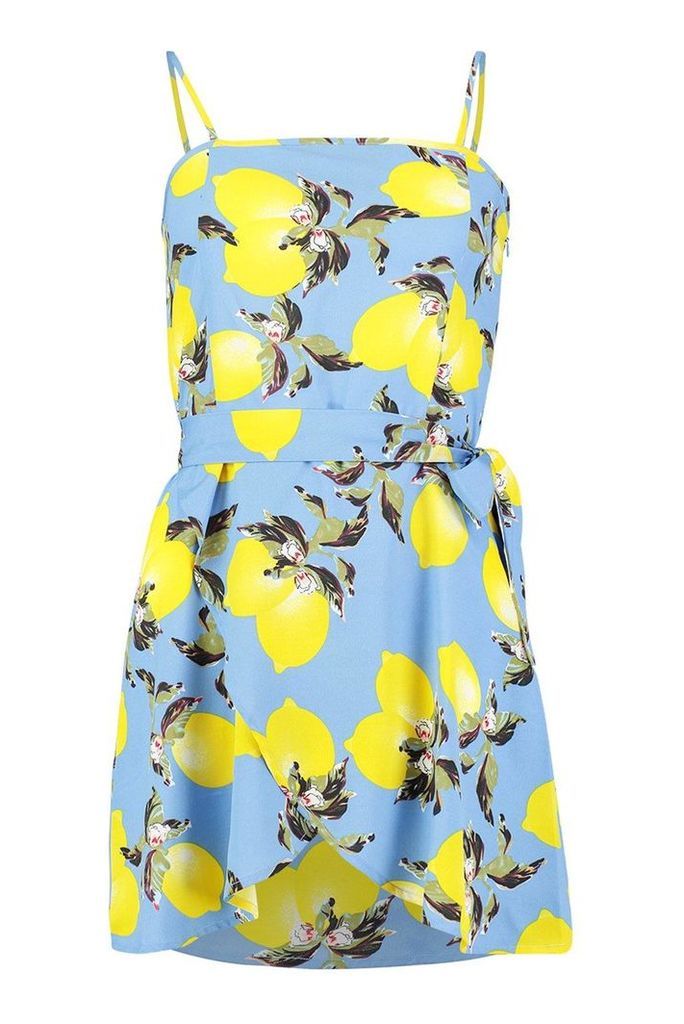Womens Petite Lemon Print Belted Skater Dress - blue - 10, Blue