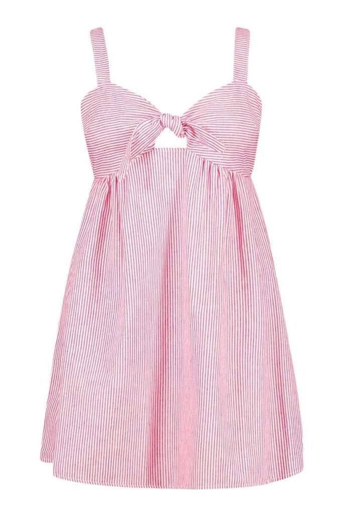Womens Plus Stripe Linen Tie Front Sundress - red - 16, Red