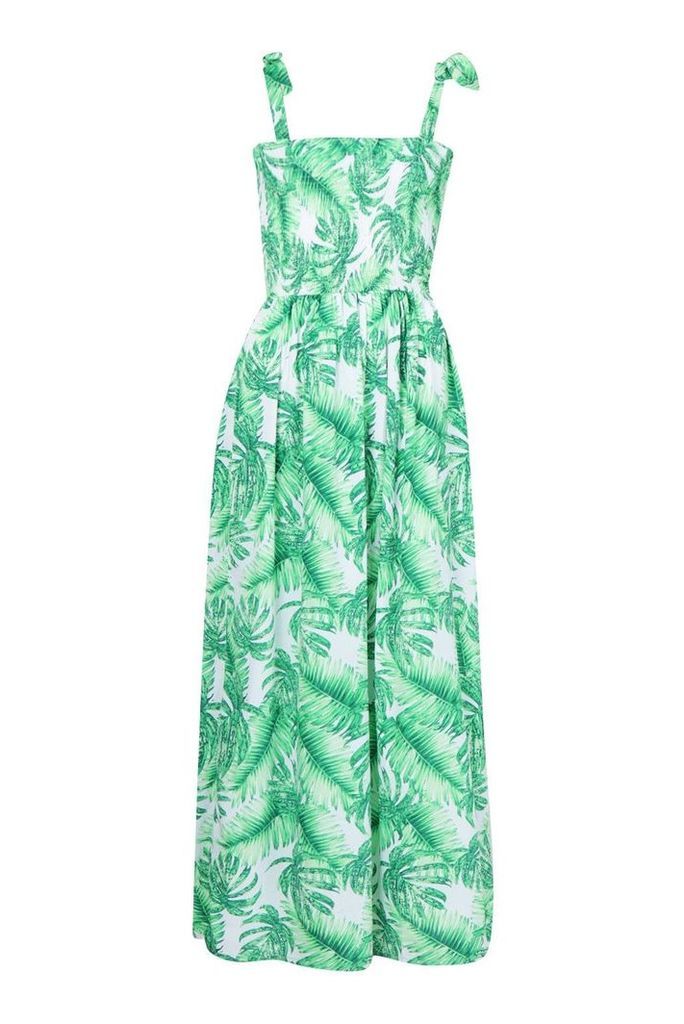 Womens Petite Tie Strap Shirred Tropical Print Maxi Dress - green - 8, Green