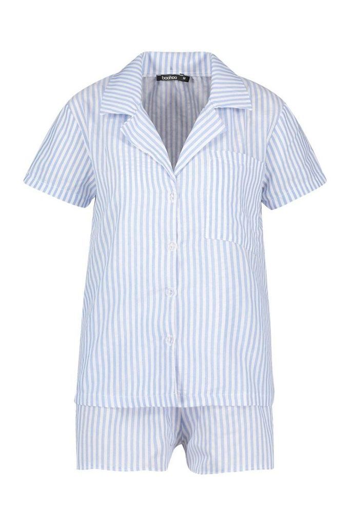 Womens Cotton Stripe Short Sleeve PJ Set - blue - XL, Blue