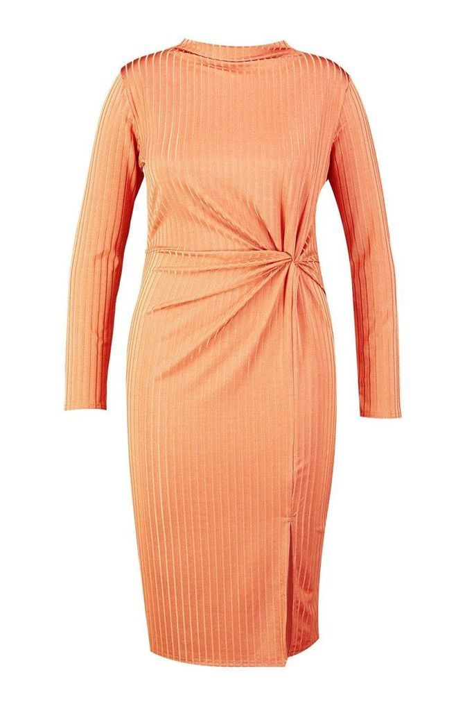 Womens Plus Grown On Neck Twist Detail Midi Dress - orange - 22, Orange