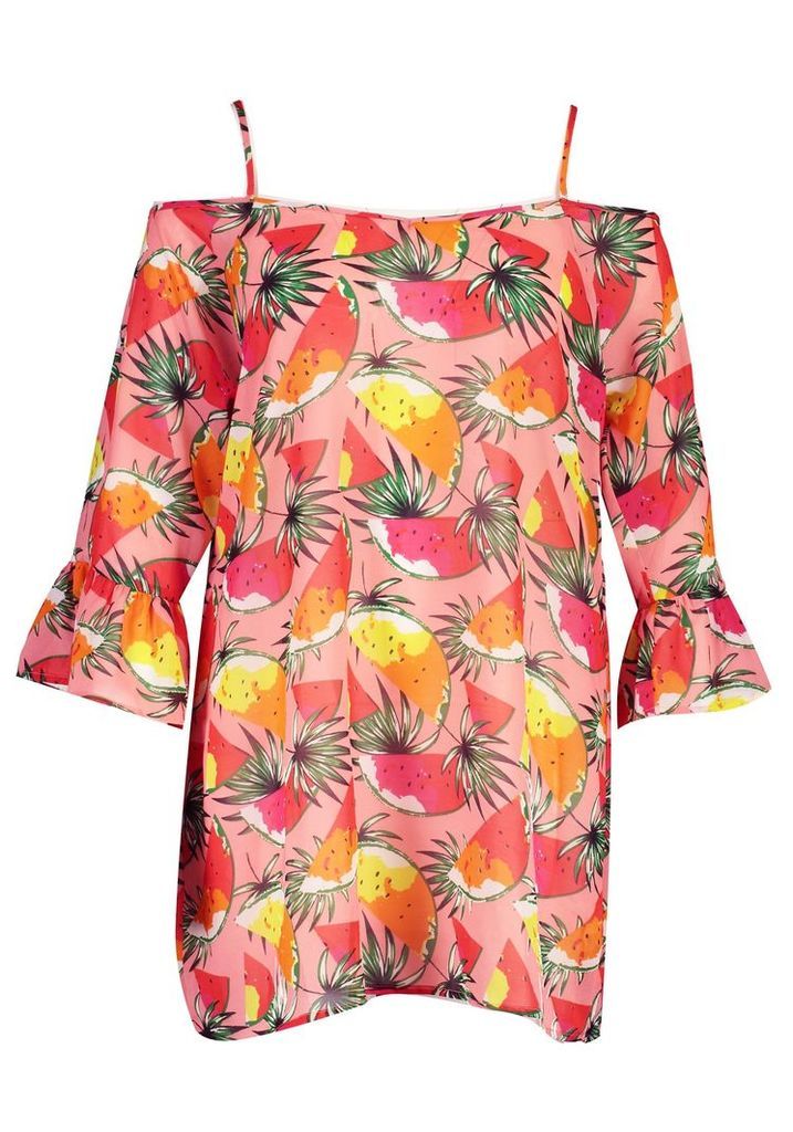Womens Plus Tropical Fruit Cold Shoulder Beach Dress - Pink - 22, Pink