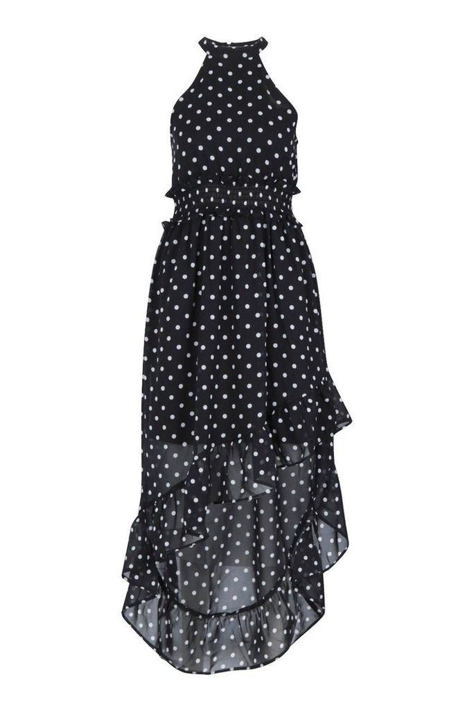 Womens Petite Polka Dot High Neck Shirred Waist Maxi Dress - Black - 12, Black