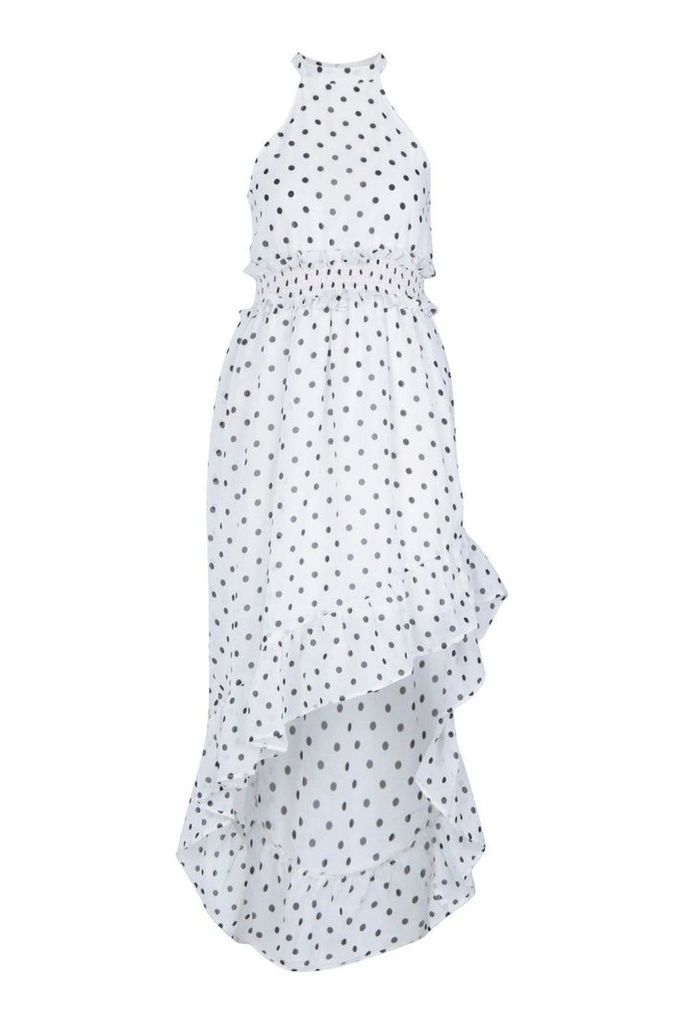 Womens Petite Polka Dot High Neck Shirred Waist Maxi Dress - White - 10, White