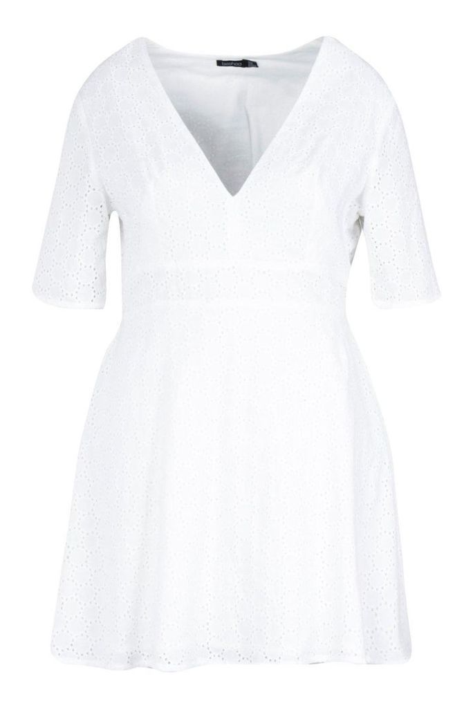 Womens Plus Broderie Anglaise Lace Plunge Skater Dress - white - 16, White