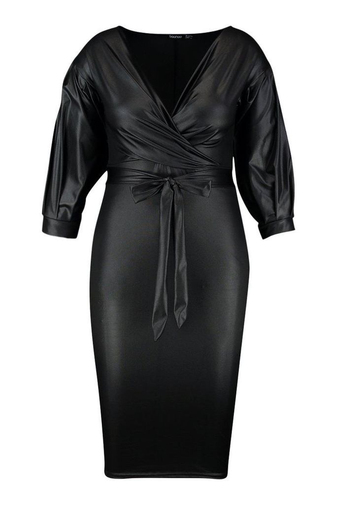 Womens Plus Leather Look Off Shoulder Midi Dress - black - 26, Black