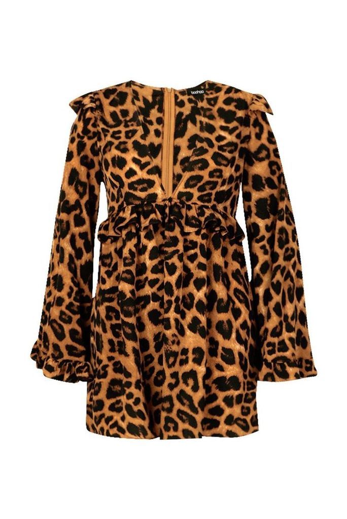 Womens Plus Leopard Print Frill Smock Dress - brown - 18, Brown