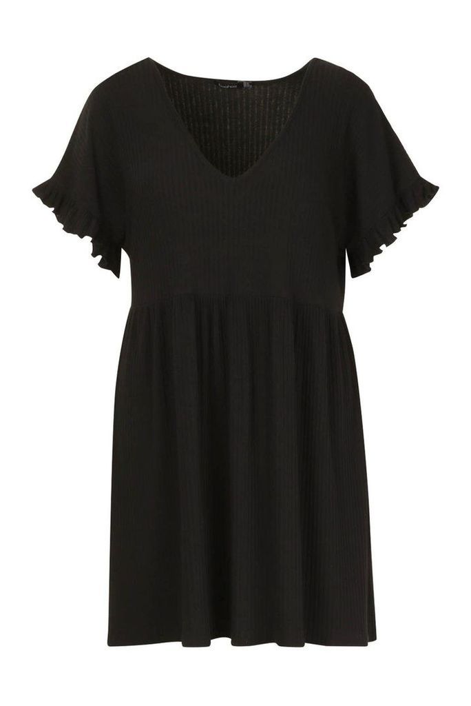 Womens Plus Soft Rib Ruffle Smock Dress - black - 28, Black