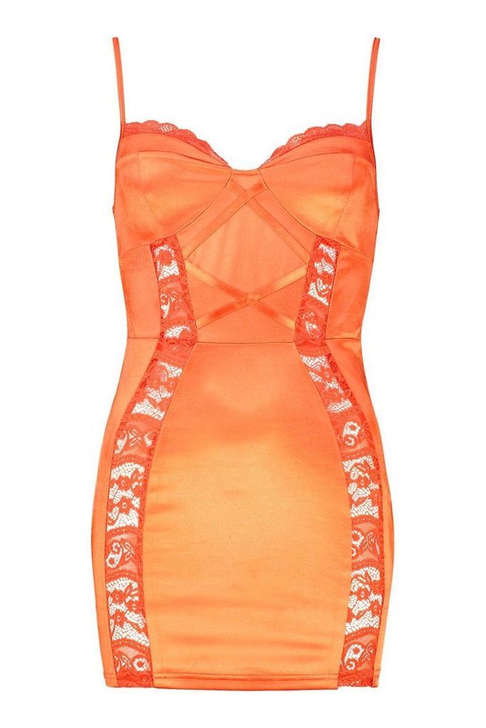 Womens Petite Lace Detail Satin Bodycon Dress - orange - 14, Orange