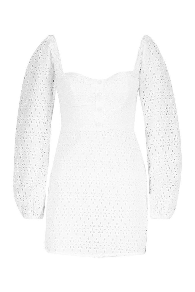Womens Petite Broderie Anglaise Button Through Dress - white - 14, White
