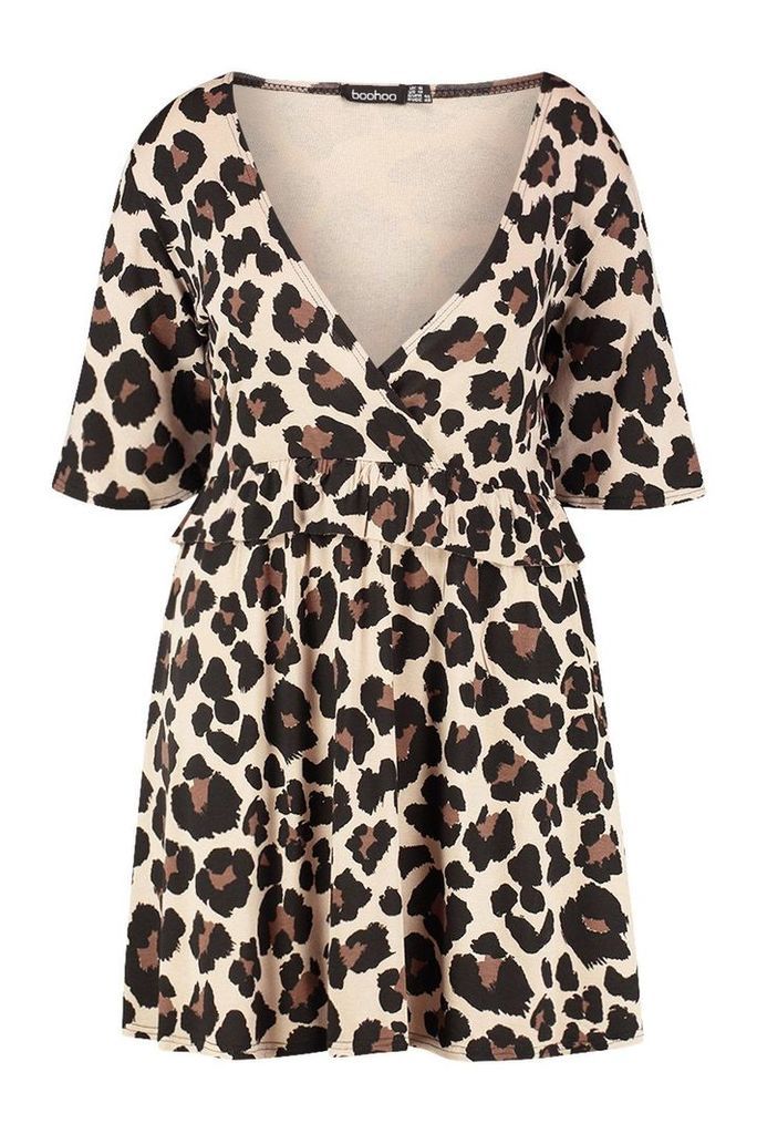 Womens Plus Leopard Ruffle Smock Dress - Brown - 18, Brown