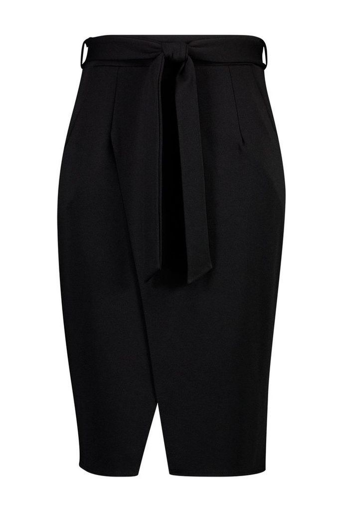 Womens Plus Scuba Crepe Tie Waist Wrap Midi Skirt - Black - 16, Black