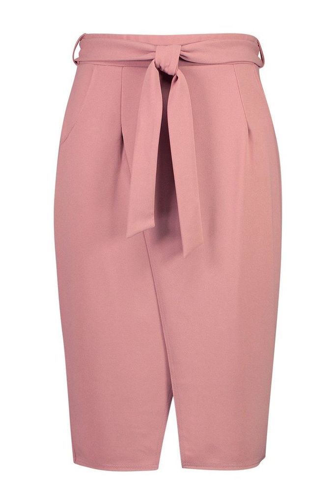 Womens Plus Scuba Crepe Tie Waist Wrap Midi Skirt - Pink - 18, Pink