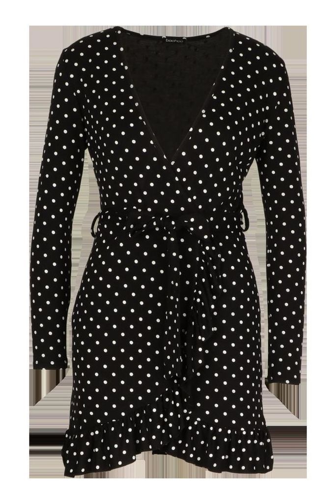Womens Petite Polka Dot Ruffle Wrap Dress - black - 14, Black