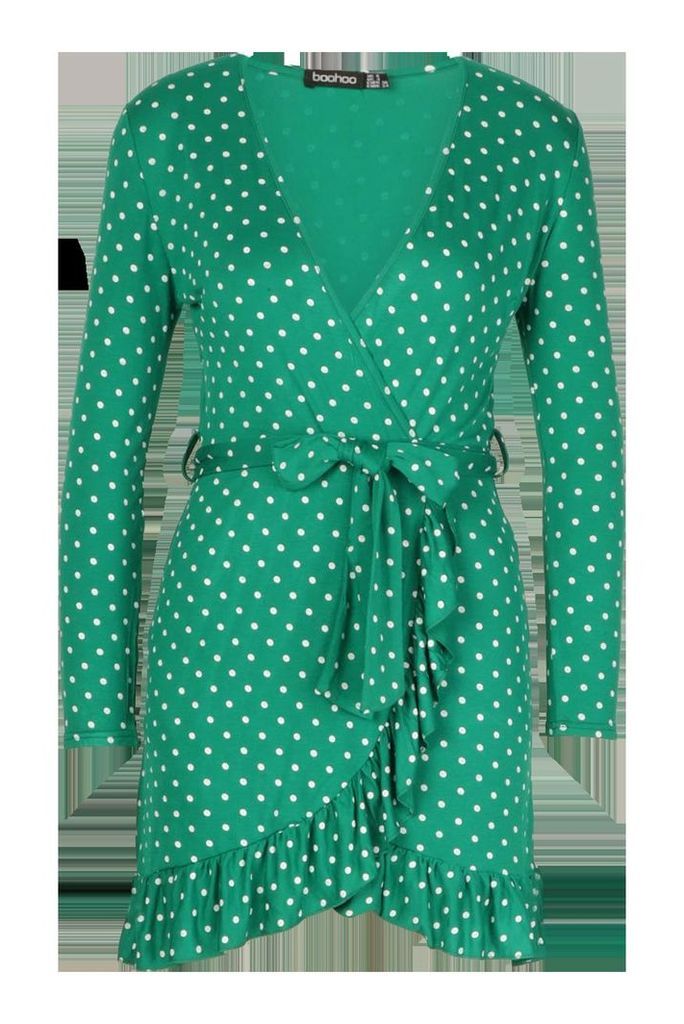 Womens Petite Polka Dot Ruffle Wrap Dress - green - 10, Green