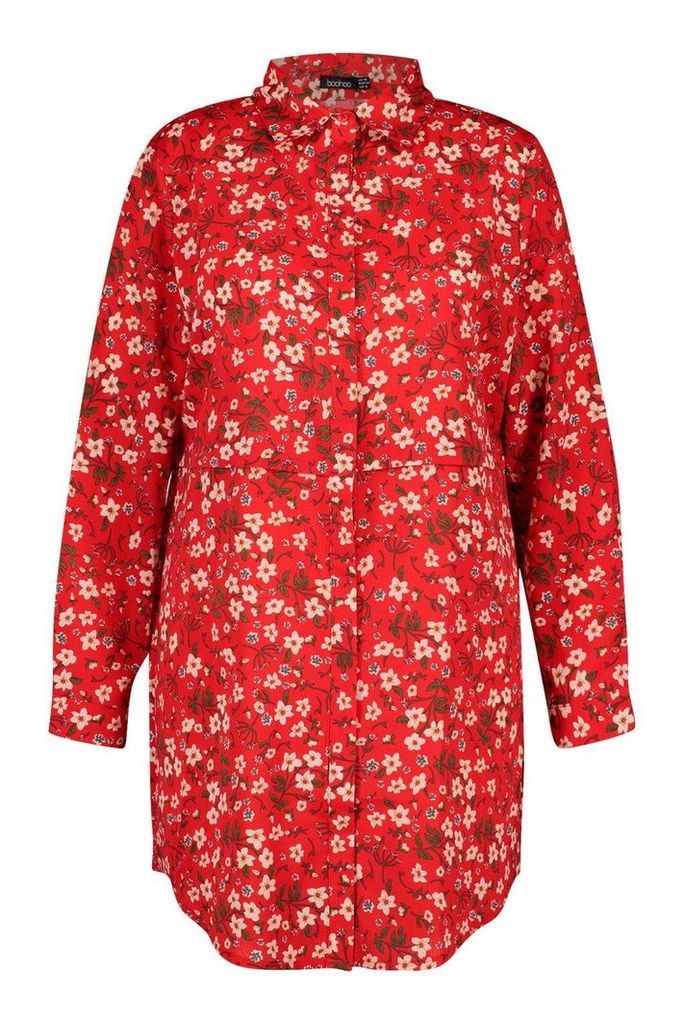 Womens Plus Floral Printed Shirt Dress - red - 22, Red