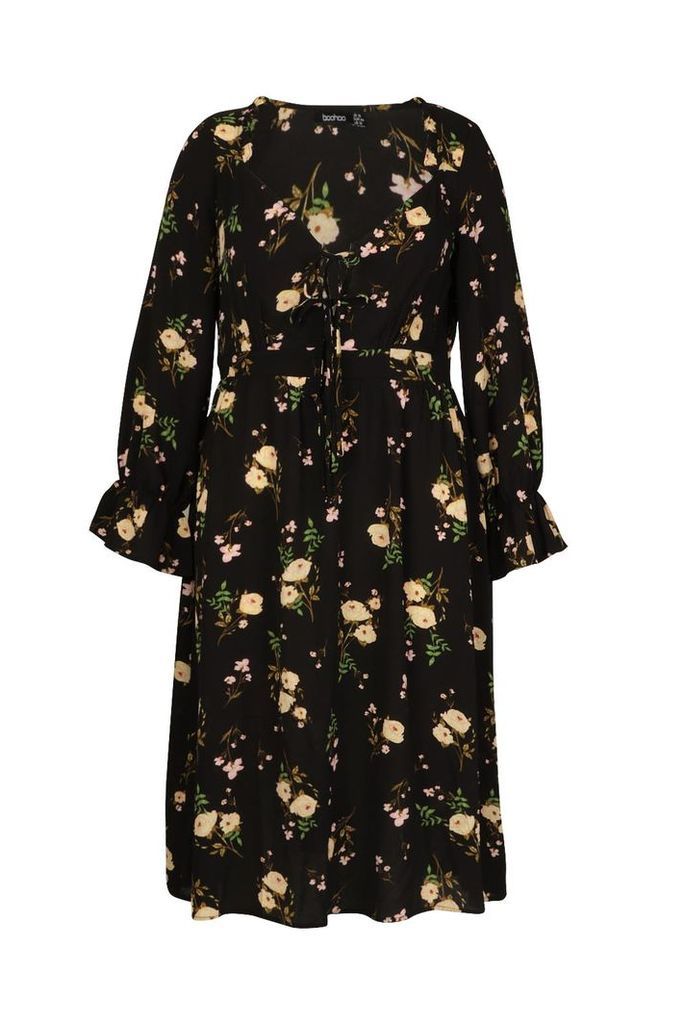 Womens Plus Floral Ruffle Detail Midi Dress - Black - 16, Black