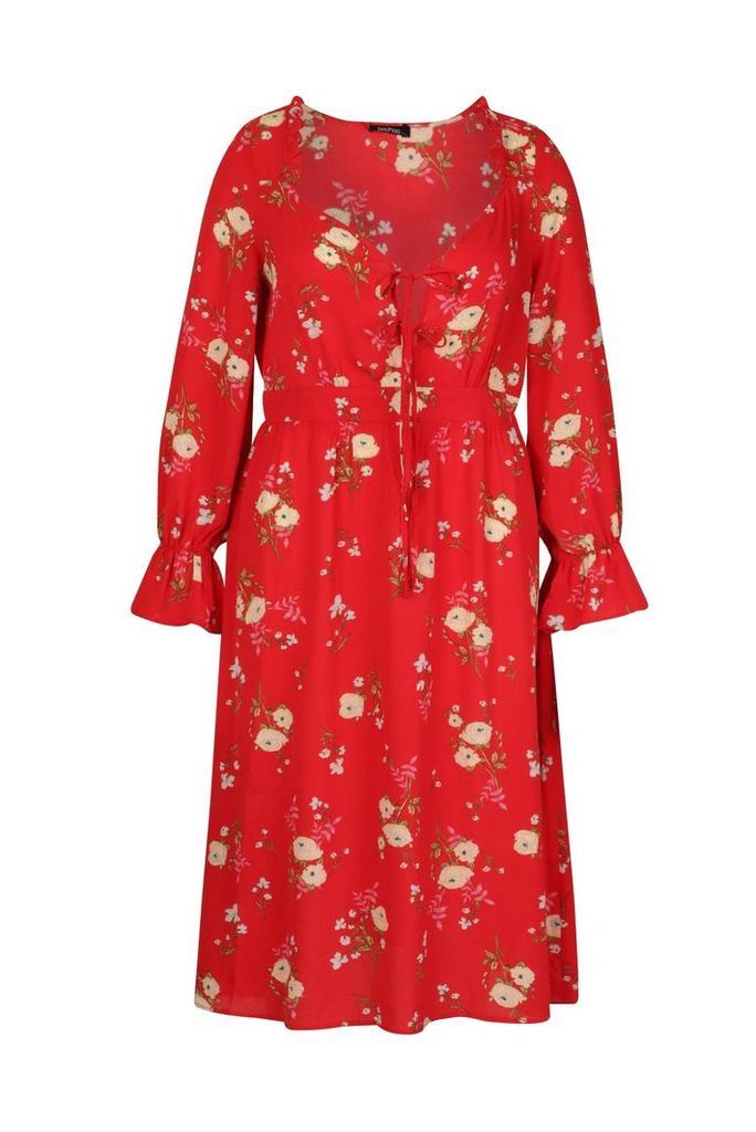 Womens Plus Floral Ruffle Detail Midi Dress - Red - 18, Red