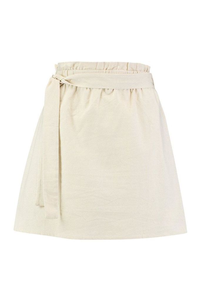 Womens Petite Linen Paper Bag Mini Skirt - beige - 12, Beige