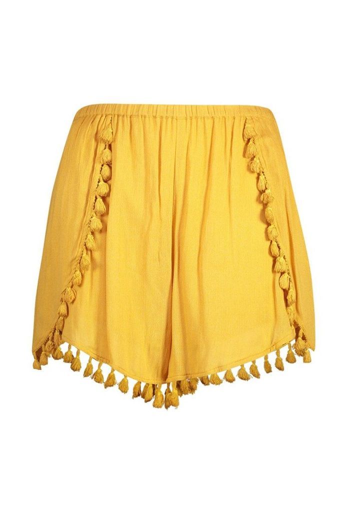 Womens Plus Crinkle Tassel Trim Shorts - Yellow - 16, Yellow