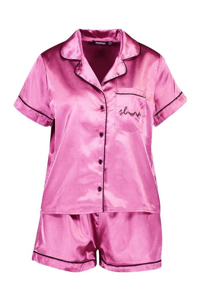 Womens 'Sleep' Pocket Embroidered Satin Short Set - Pink - 12, Pink