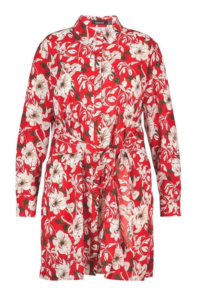 Womens Plus Floral Tie Detail Shirt Dress - red - 22, Red