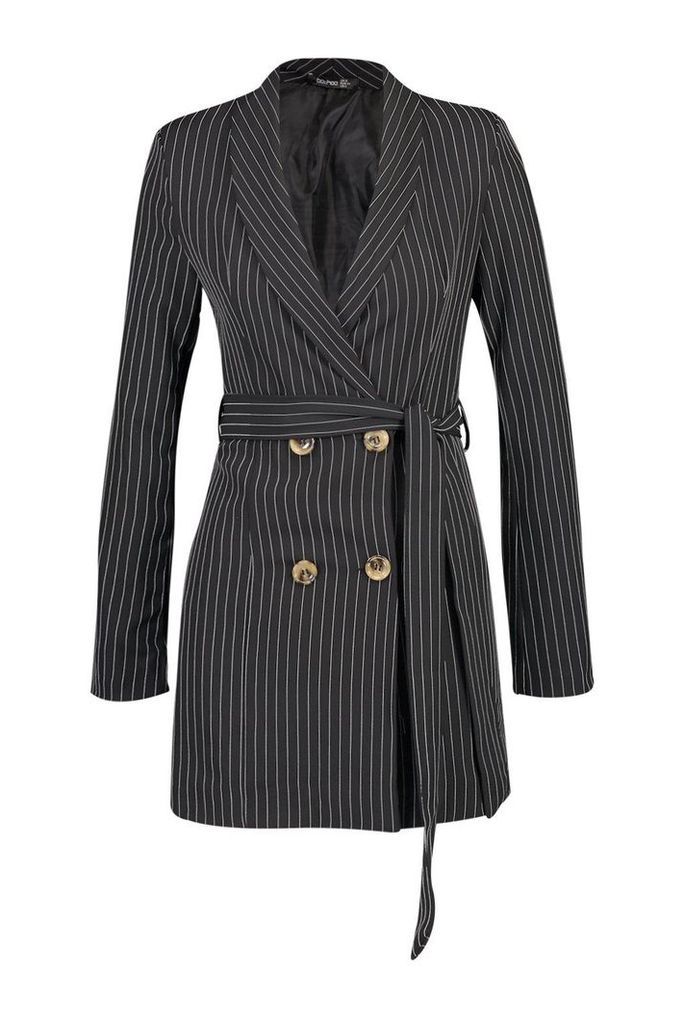Womens Petite Striped Double Breasted Belted Blazer Dress - black - 10, Black