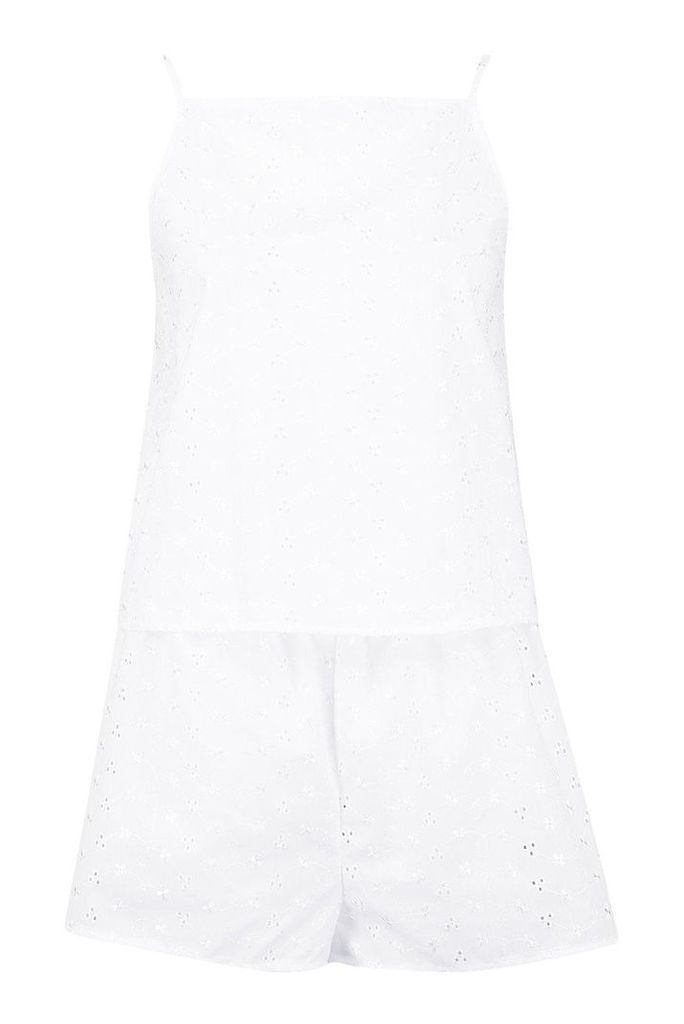 Womens Premium Broderie Anglaise Cami & Short Set - white - 12, White