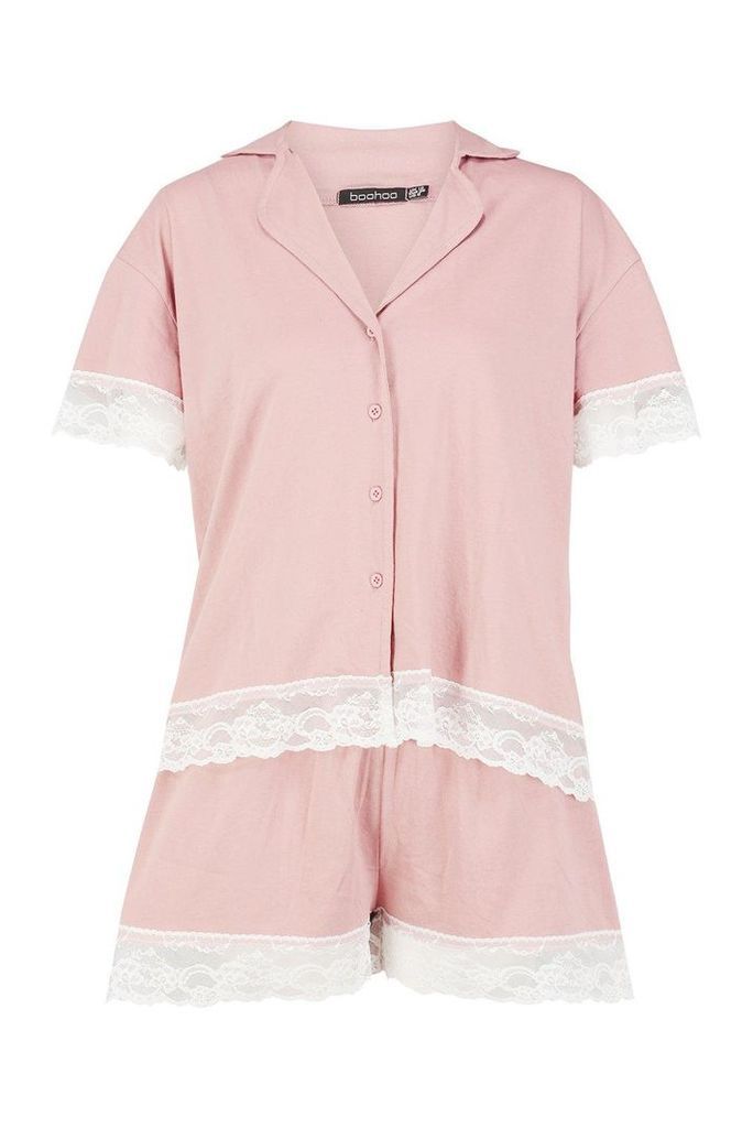 Womens Jersey Lace Trim Button Through PJ Short Set - pink - 10, Pink