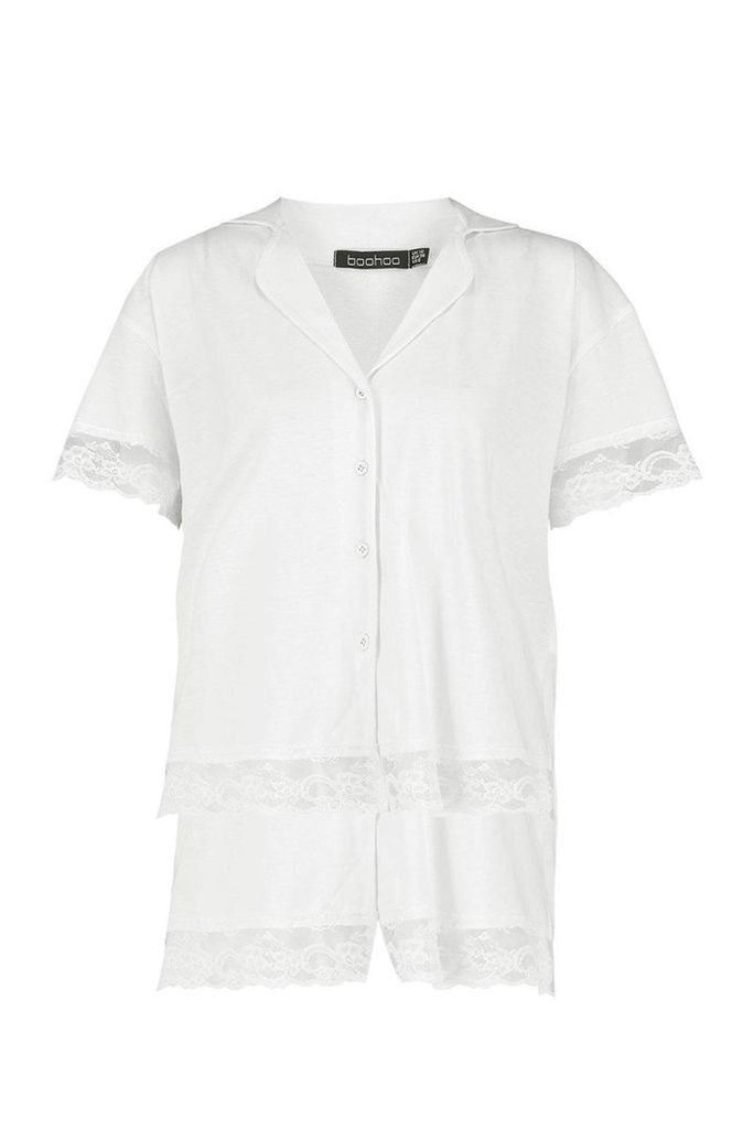 Womens Jersey Lace Trim Button Through PJ Short Set - white - 16, White