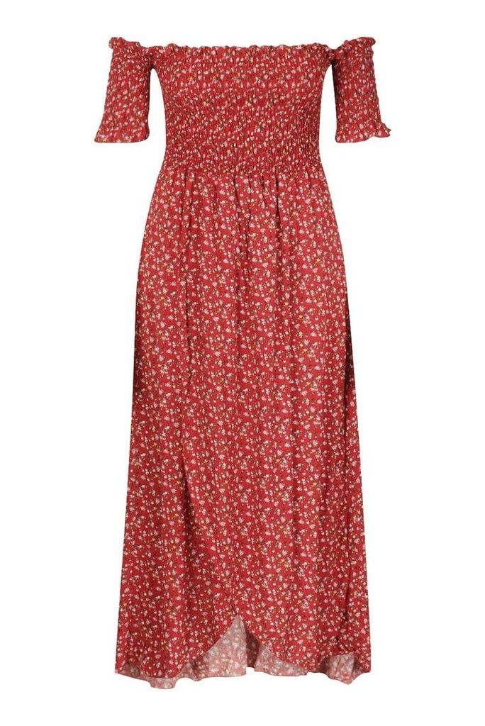 Womens Plus Ditsy Off Shoulder Maxi Dress - Red - 22, Red