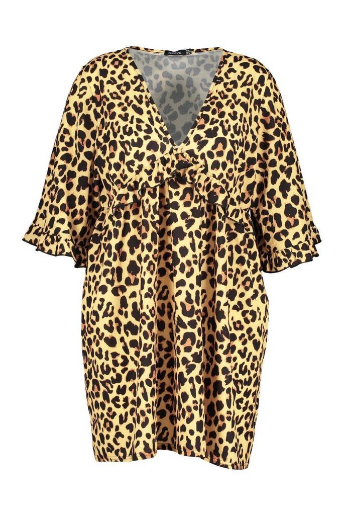 Womens Plus Leopard Ruffle Plunge Woven Shift Dress - Brown - 24, Brown